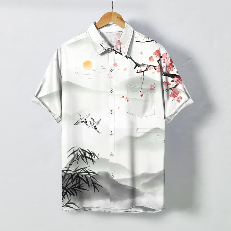 Buddha Stones Ink Landscape Crane Bamboo Plum Blossom Pattern Buttons Wrinkle-resistant Breathable Men's Short Sleeve Shirt - White - US/UK/AU48，EU58 (4XL) - image 0