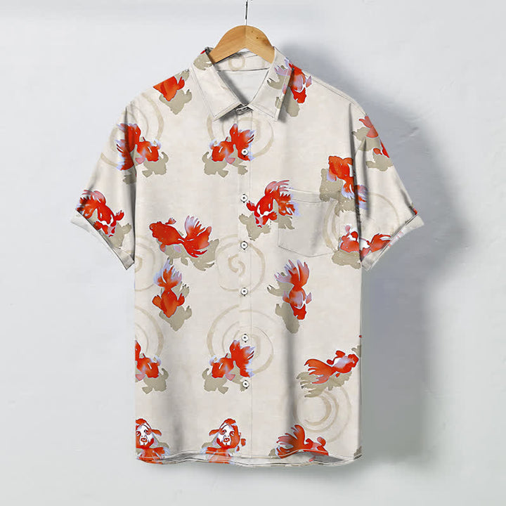 Buddha Stones Red Koi Fish Ripple Pattern Buttons Wrinkle-resistant Men's Short Sleeve Shirt - Linen - US/UK/AU48，EU58 (4XL) - image 6
