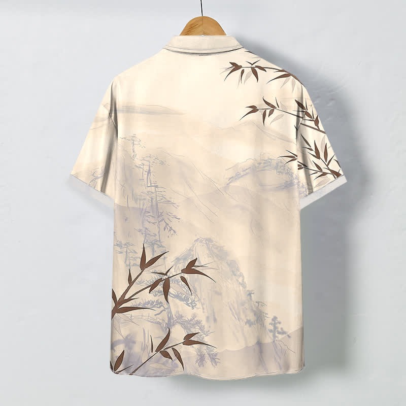 Buddha Stones Ink Landscape Bamboo Pattern Buttons Breathable Men's Short Sleeve Shirt - image 7