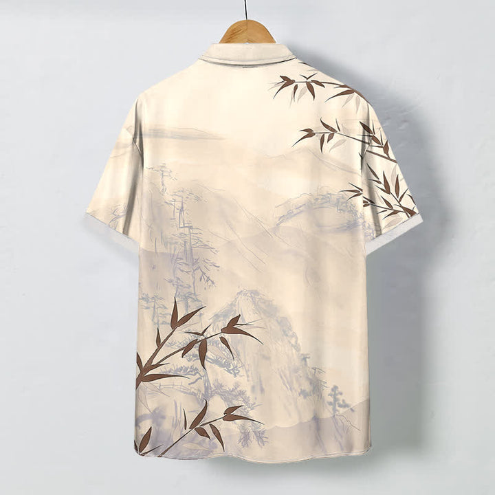 Buddha Stones Ink Landscape Bamboo Pattern Buttons Breathable Men's Short Sleeve Shirt - image 7