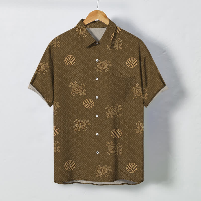 Buddha Stones Geometric Floral Medallion Pattern Buttons Breathable Men's Short Sleeve Shirt - Sienna - US/UK/AU48，EU58 (4XL) - image 0