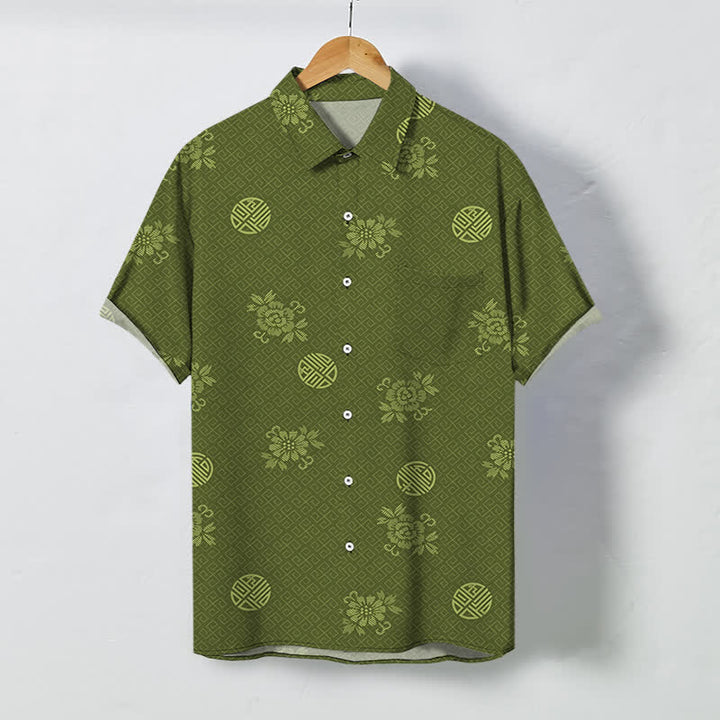 Buddha Stones Geometric Floral Medallion Pattern Buttons Breathable Men's Short Sleeve Shirt - OliveDrab - US/UK/AU48，EU58 (4XL) - image 5