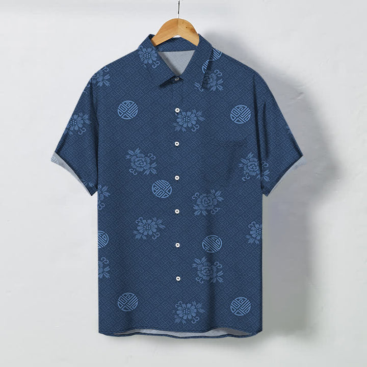 Buddha Stones Geometric Floral Medallion Pattern Buttons Breathable Men's Short Sleeve Shirt - Navy - US/UK/AU48，EU58 (4XL) - image 10