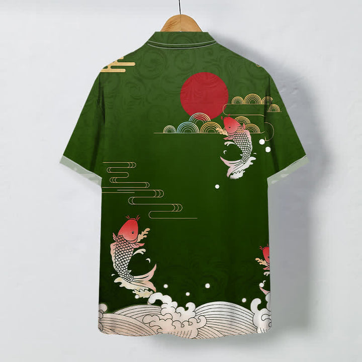 Buddha Stones Red Koi Fish Wave Red Sun Pattern Buttons Breathable Men's Short Sleeve Shirt - image 7