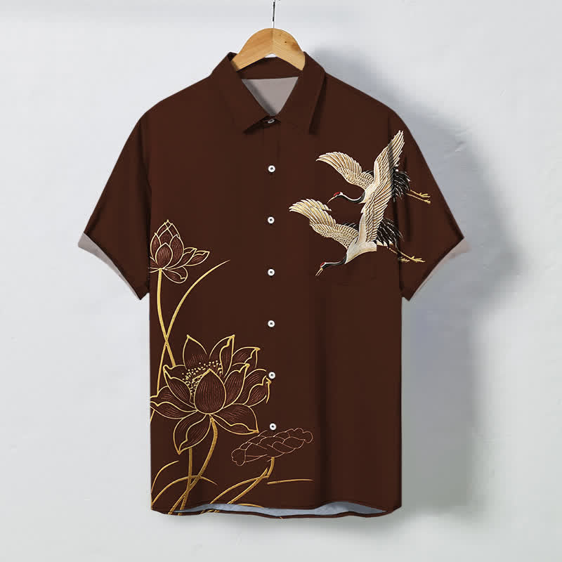 Buddha Stones Crane Lotus Pattern Buttons Breathable Men's Short Sleeve Shirt - SaddleBrown - US/UK/AU48，EU58 (4XL) - image 0