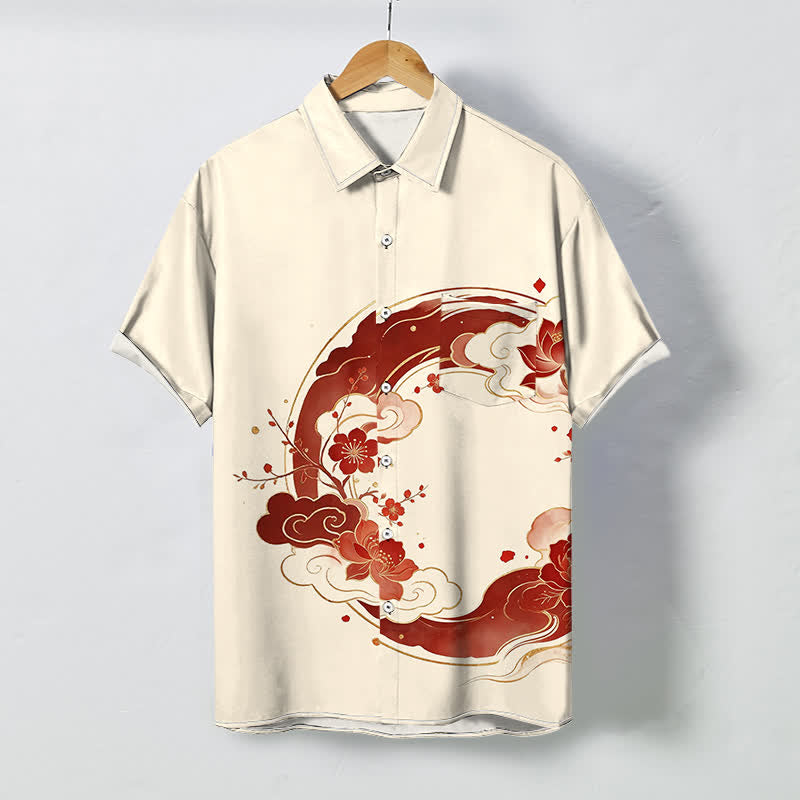 Buddha Stones Oriental Floral Lotus Peach Blossoms Cloud Pattern Buttons Breathable Men's Short Sleeve Shirt - Ivory - US/UK/AU48，EU58 (4XL) - image 0