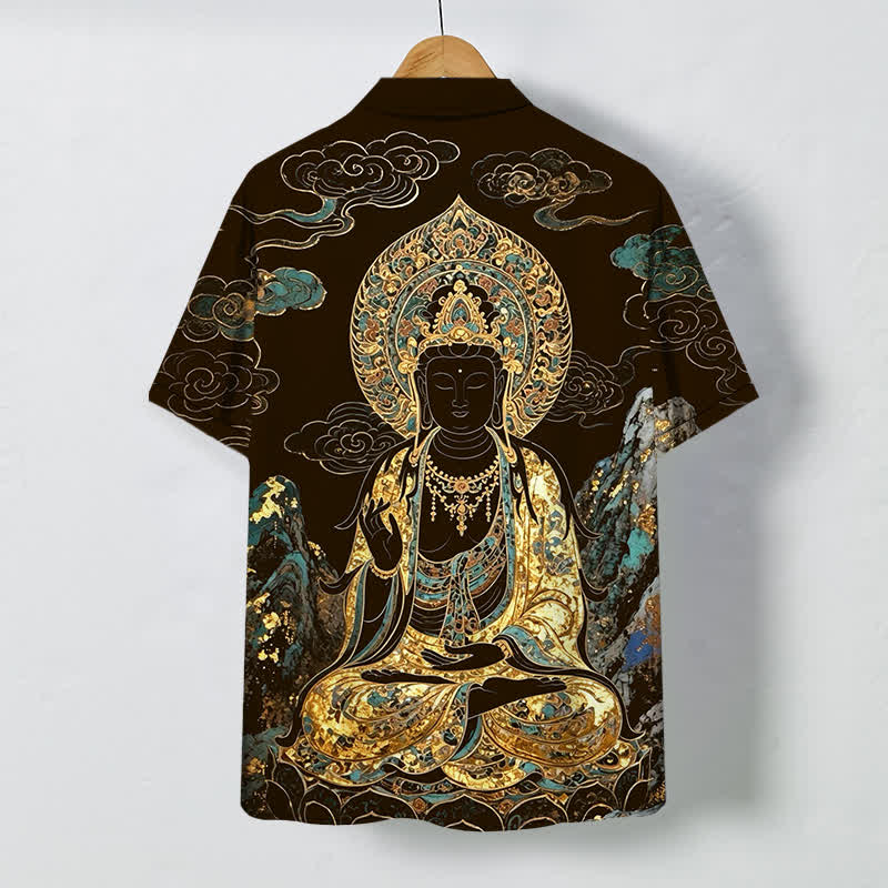 Buddha Stones Golden Buddha Cloud Pattern Buttons Wrinkle-resistant Men's Short Sleeve Shirt - image 1