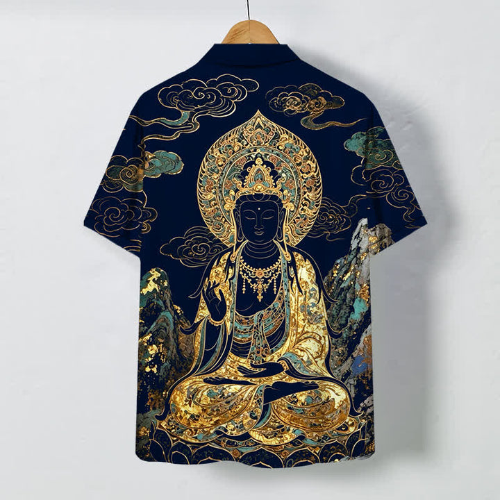 Buddha Stones Golden Buddha Cloud Pattern Buttons Wrinkle-resistant Men's Short Sleeve Shirt - image 11