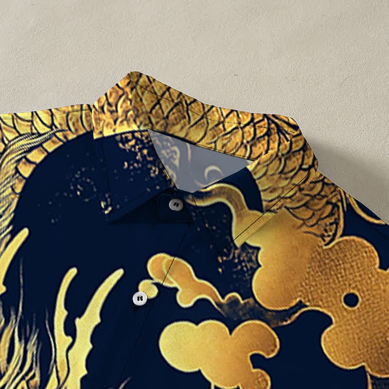 Buddha Stones Golden Dragon Cloud Pattern Buttons Wrinkle-resistant Men's Short Sleeve Shirt - image 2
