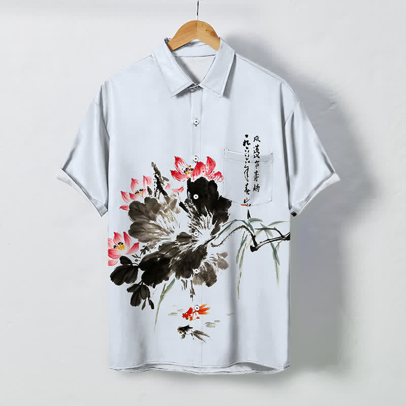 Buddha Stones Ink Lotus Koi Fish Pattern Buttons Breathable Men's Short Sleeve Shirt - LightBlue - US/UK/AU48，EU58 (4XL) - image 6