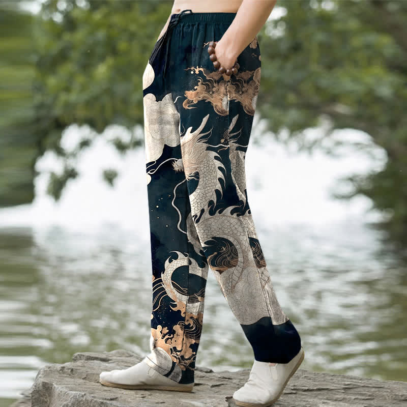 Buddha Stones Cotton Dragon Cloud Pattern Men's Tapered Pants With Pockets - image 1