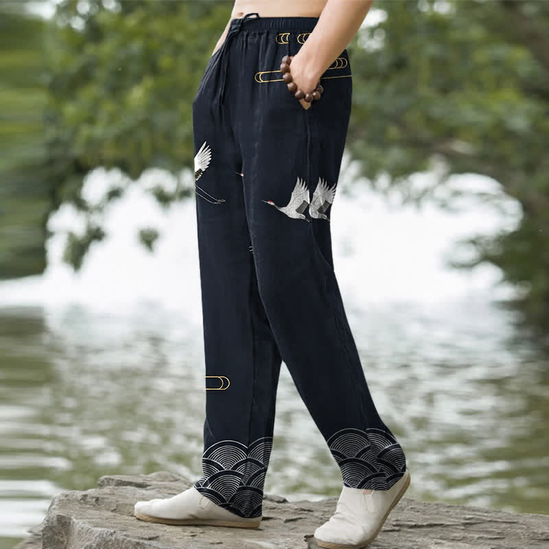 Buddha Stones Cotton White Crane Wave Pattern Men's Tapered Pants With Pockets - image 1