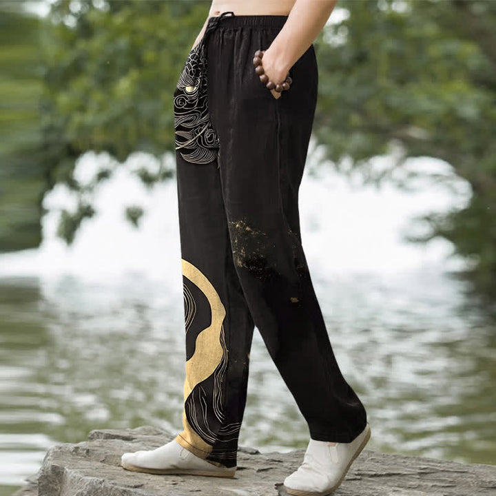 Buddha Stones Cotton Golden Dragon Wave Pattern Men's Tapered Pants With Pockets - image 1