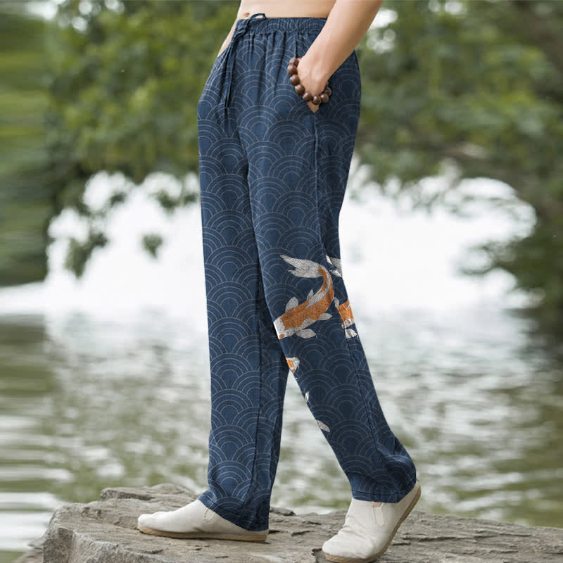 Buddha Stones Cotton Koi Fish Wave Pattern Men's Tapered Pants With Pockets - image 1