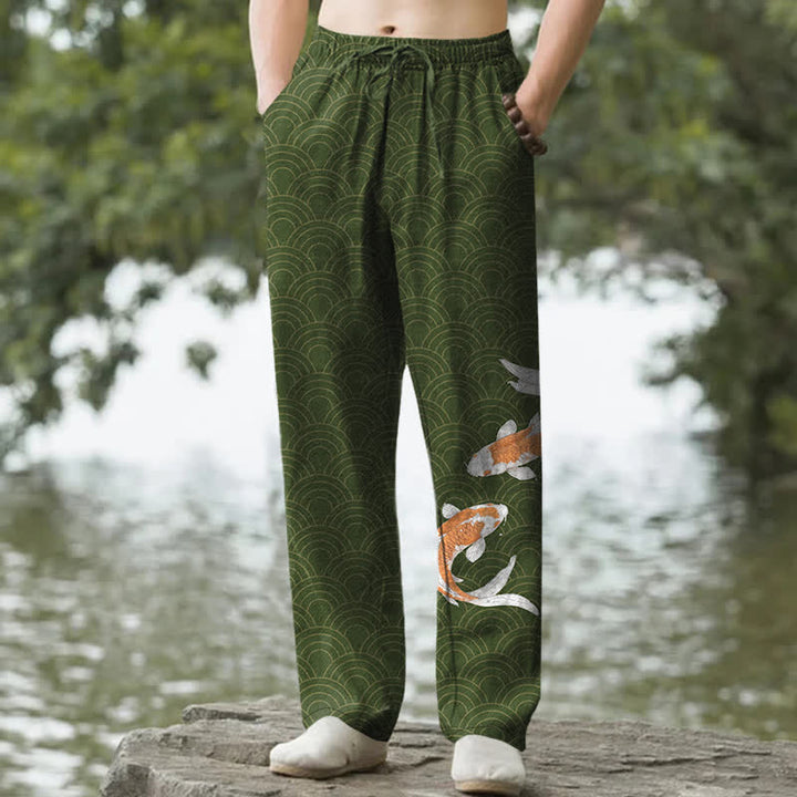 Buddha Stones Cotton Koi Fish Wave Pattern Men's Tapered Pants With Pockets - ForestGreen - US/UK/AU50，EU60 (5XL) - image 6