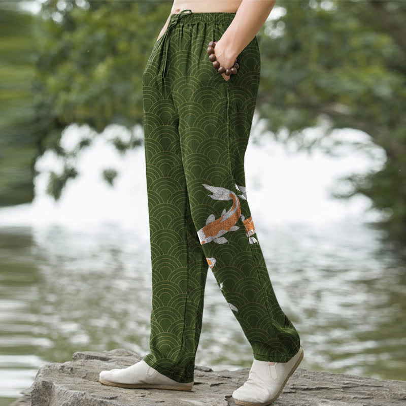 Buddha Stones Cotton Koi Fish Wave Pattern Men's Tapered Pants With Pockets - image 7
