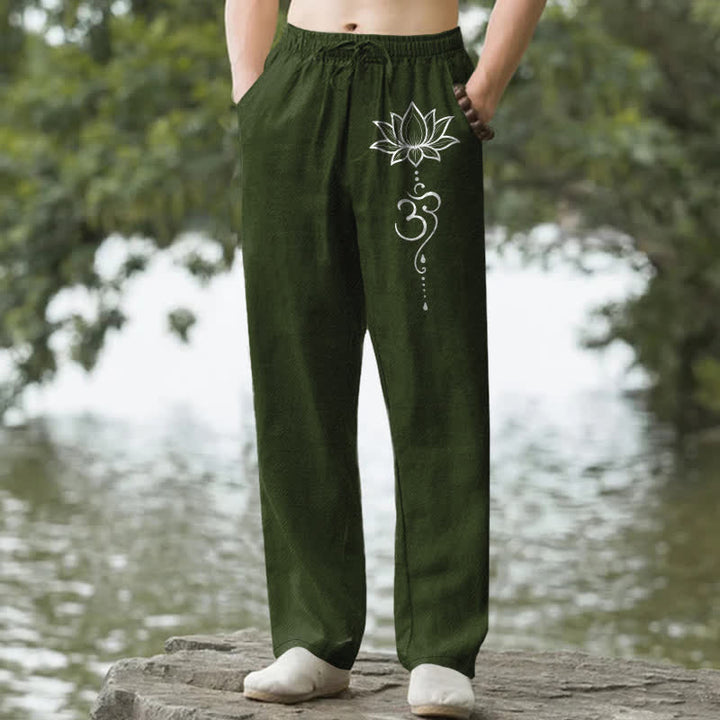 Buddha Stones Cotton Lotus Om Pattern Men's Tapered Pants With Pockets - DarkOliveGreen - US/UK/AU50，EU60 (5XL) - image 4