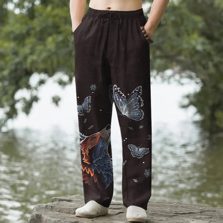 Buddha Stones Cotton Butterfly Fox Pattern Men's Tapered Pants With Pockets - Brown - US/UK/AU50，EU60 (5XL) - image 0