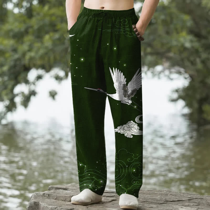 Buddha Stones Cotton Flying White Crane White Wave Pattern Men's Tapered Pants With Pockets - DarkGreen - US/UK/AU50，EU60 (5XL) - image 0