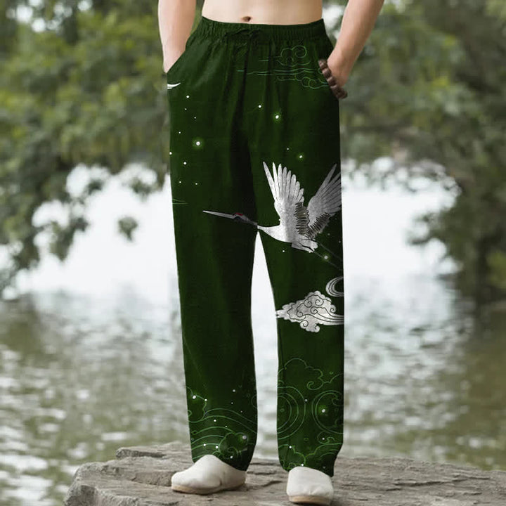 Buddha Stones Cotton Flying White Crane White Wave Pattern Men's Tapered Pants With Pockets - DarkGreen - US/UK/AU50，EU60 (5XL) - image 0