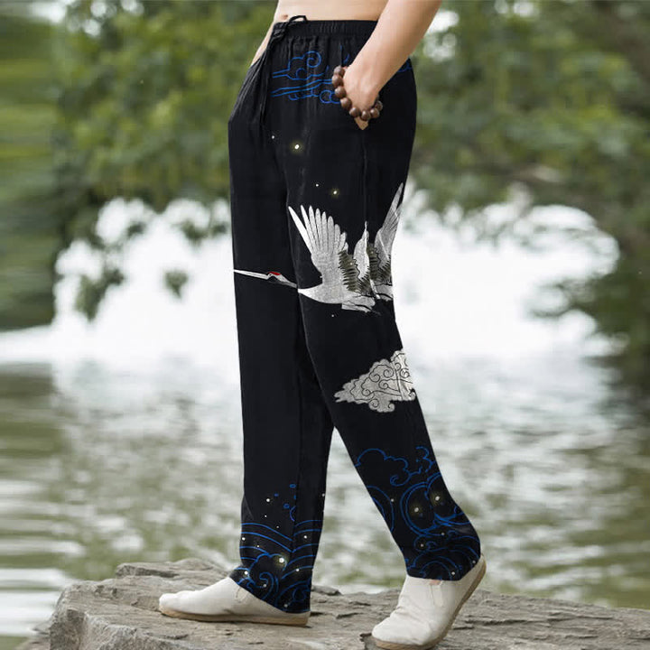 Buddha Stones Cotton Flying White Crane White Wave Pattern Men's Tapered Pants With Pockets - image 5