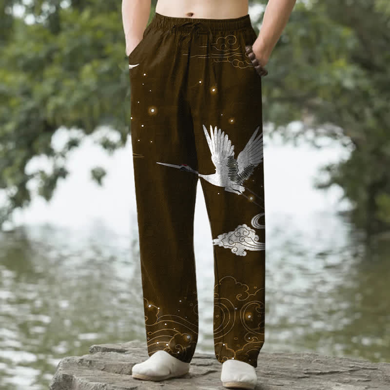 Buddha Stones Cotton Flying White Crane White Wave Pattern Men's Tapered Pants With Pockets - SaddleBrown - US/UK/AU50，EU60 (5XL) - image 6