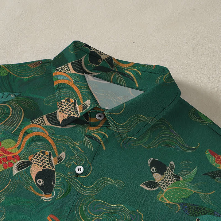 Buddha Stones Koi Fish Wave Clouds Pattern Buttons Breathable Men's Short Sleeve Shirt - image 2