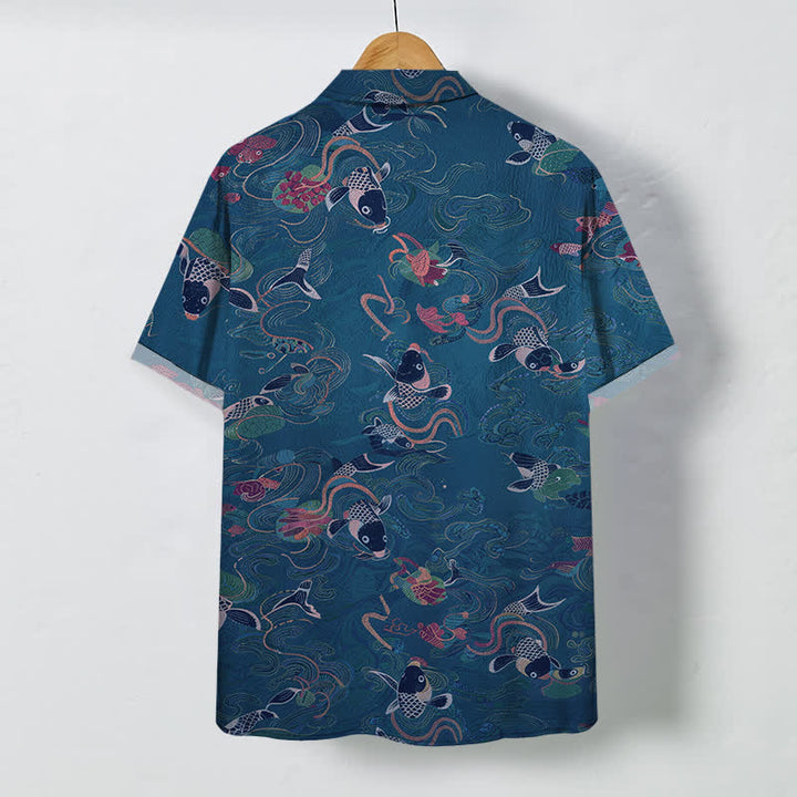 Buddha Stones Koi Fish Wave Clouds Pattern Buttons Breathable Men's Short Sleeve Shirt - image 6