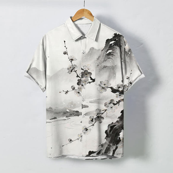 Buddha Stones Ink Landscape Plum Blossom Pattern Buttons Wrinkle-resistant Men's Short Sleeve Shirt - WhiteSmoke - US/UK/AU48，EU58 (4XL) - image 0