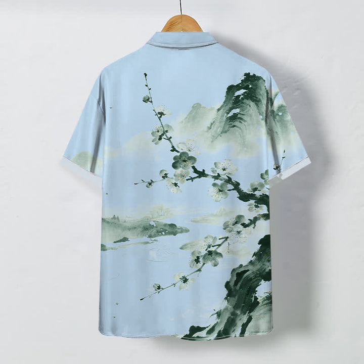 Buddha Stones Ink Landscape Plum Blossom Pattern Buttons Wrinkle-resistant Men's Short Sleeve Shirt - image 6