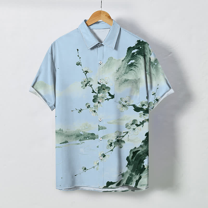 Buddha Stones Ink Landscape Plum Blossom Pattern Buttons Wrinkle-resistant Men's Short Sleeve Shirt - LightBlue - US/UK/AU48，EU58 (4XL) - image 5