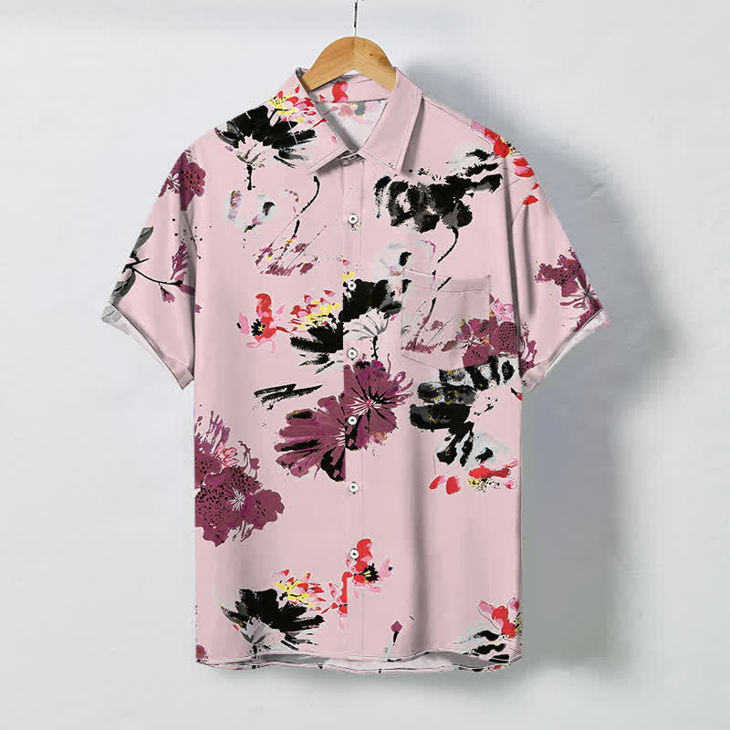 Buddha Stones Watercolor Floral Pattern Buttons Breathable Men's Short Sleeve Shirt - LightPink - US/UK/AU48，EU58 (4XL) - image 5