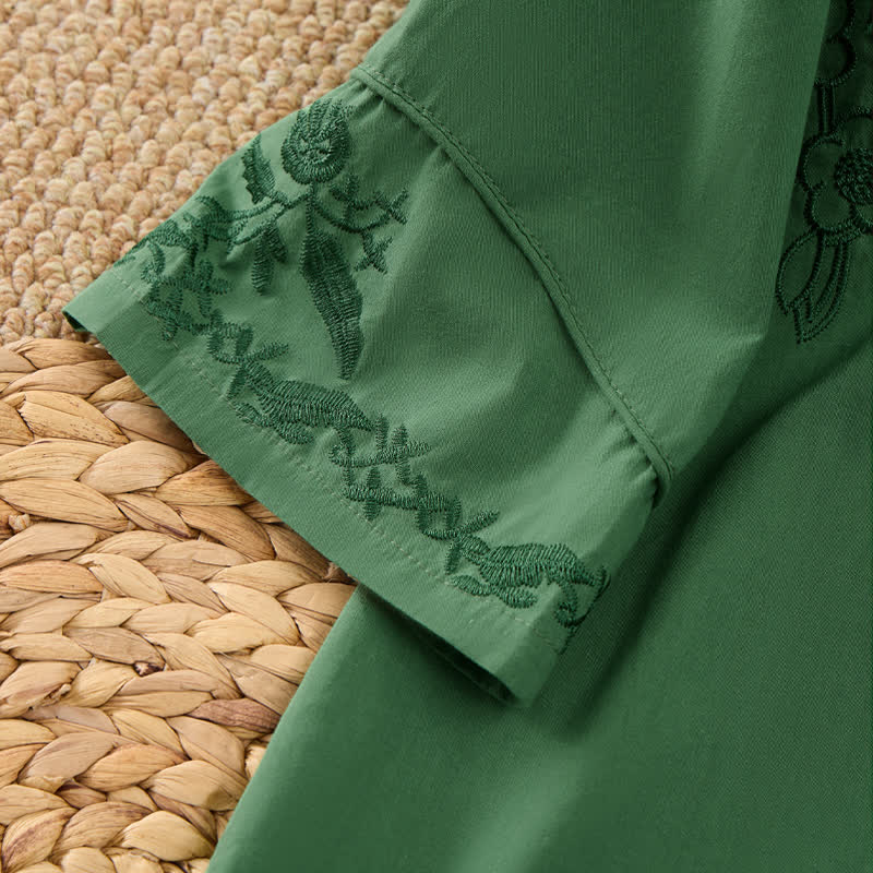 Buddha Stones Summer Vintage Embroidery V-Neck Button-Up Floral Women's Elbow-Length Sleeve Shirts - image 4
