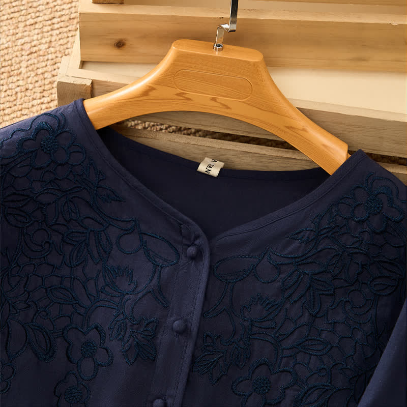 Buddha Stones Summer Vintage Embroidery V-Neck Button-Up Floral Women's Elbow-Length Sleeve Shirts - image 16