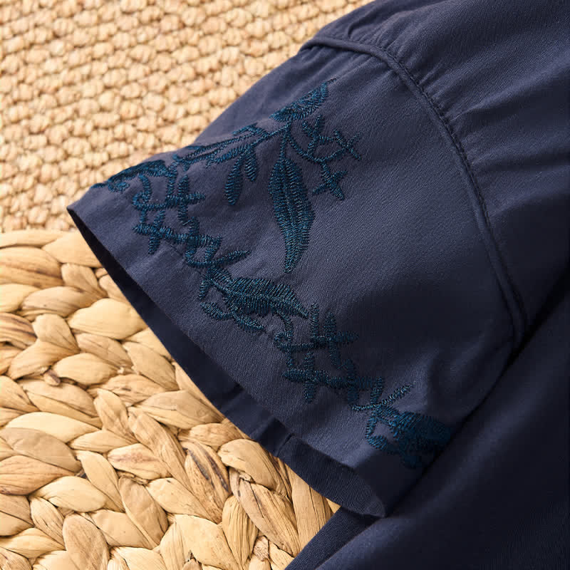 Buddha Stones Summer Vintage Embroidery V-Neck Button-Up Floral Women's Elbow-Length Sleeve Shirts - image 18
