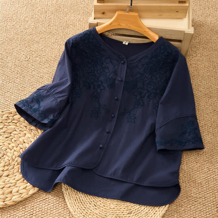 Buddha Stones Summer Vintage Embroidery V-Neck Button-Up Floral Women's Elbow-Length Sleeve Shirts - MidnightBlue - US8-10，UK/AU12-14，EU40-42 (2XL) - image 14