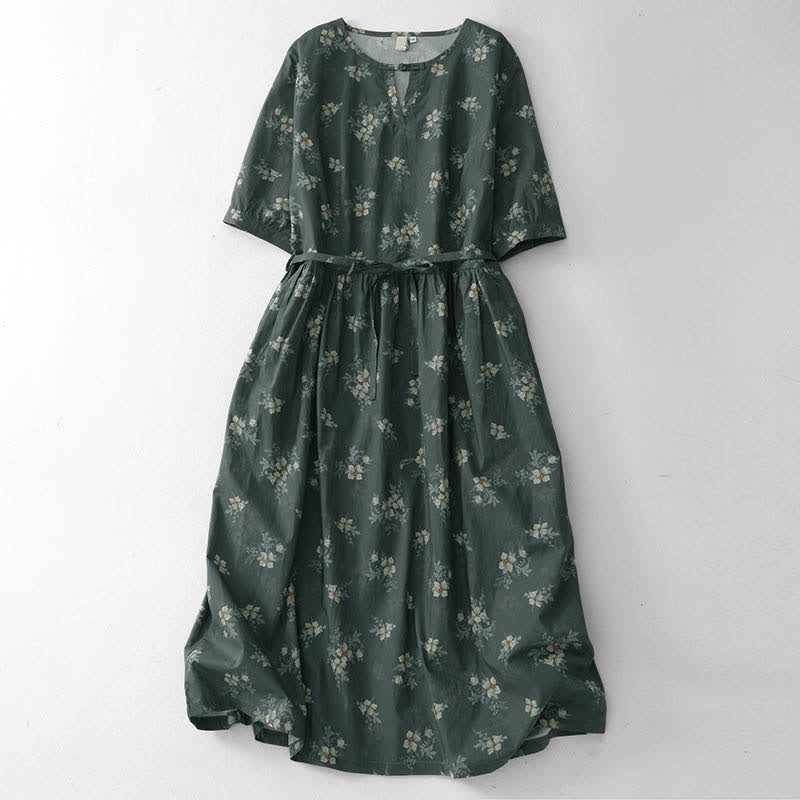 Buddha Stones Summer Vintage Drawstring Gray Floral Women's Short Sleeve Dresses With Pocket - DarkSlateGray - US12，UK/AU16，EU44 (2XL) - image 0