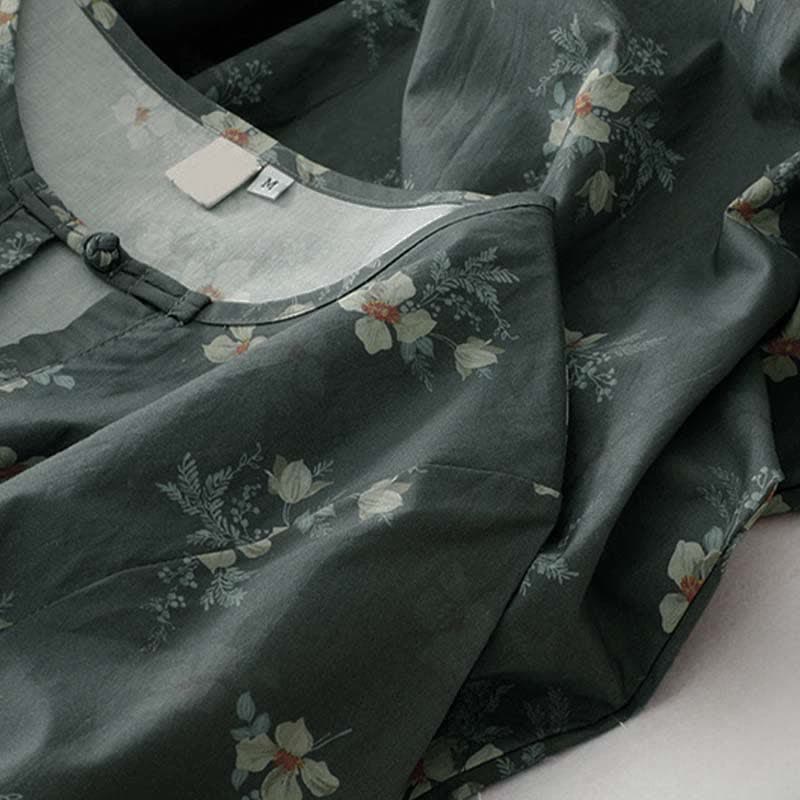 Buddha Stones Summer Vintage Drawstring Gray Floral Women's Short Sleeve Dresses With Pocket - image 5