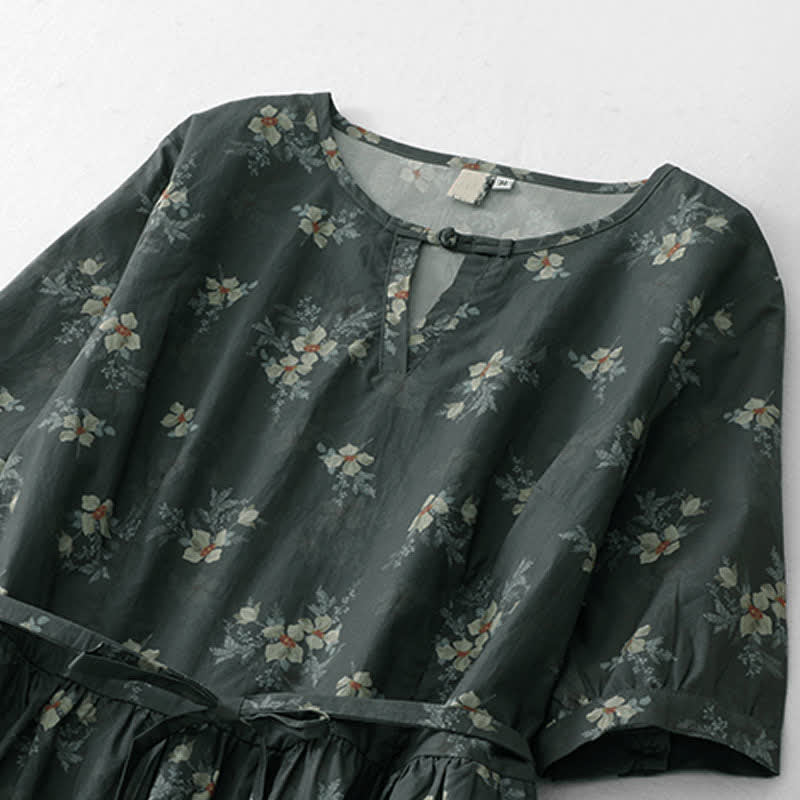Buddha Stones Summer Vintage Drawstring Gray Floral Women's Short Sleeve Dresses With Pocket - image 3