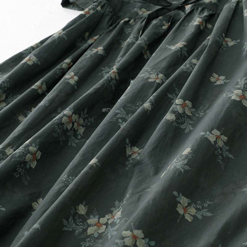 Buddha Stones Summer Vintage Drawstring Gray Floral Women's Short Sleeve Dresses With Pocket - image 8