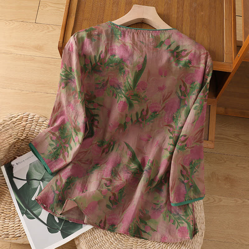 Buddha Stones Summer Tang Style Mandarin Collar Frog Button Floral Women's Three-Quarter Sleeve Shirts - image 1