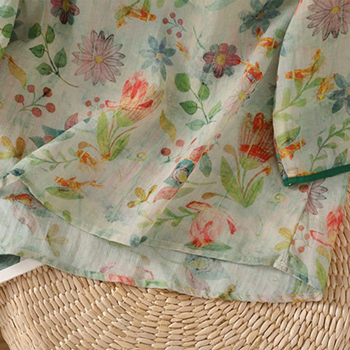 Buddha Stones Summer Tang Style Mandarin Collar Frog Button Floral Women's Three-Quarter Sleeve Shirts - image 22