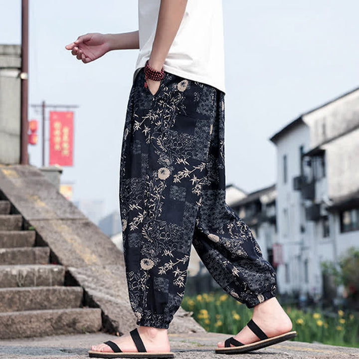 Buddha Stones Summer Boho Casual Drawstring Elephant Tree Print Cropped Pants Men's Harem Pants With Pockets - image 9