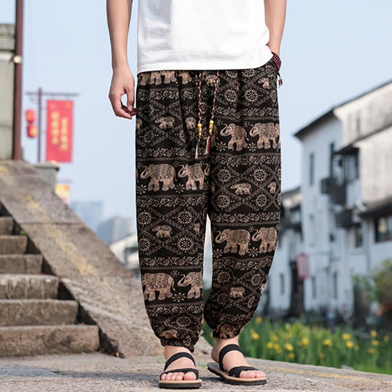 Buddha Stones Summer Boho Casual Drawstring Elephant Tree Print Cropped Pants Men's Harem Pants With Pockets - image 1