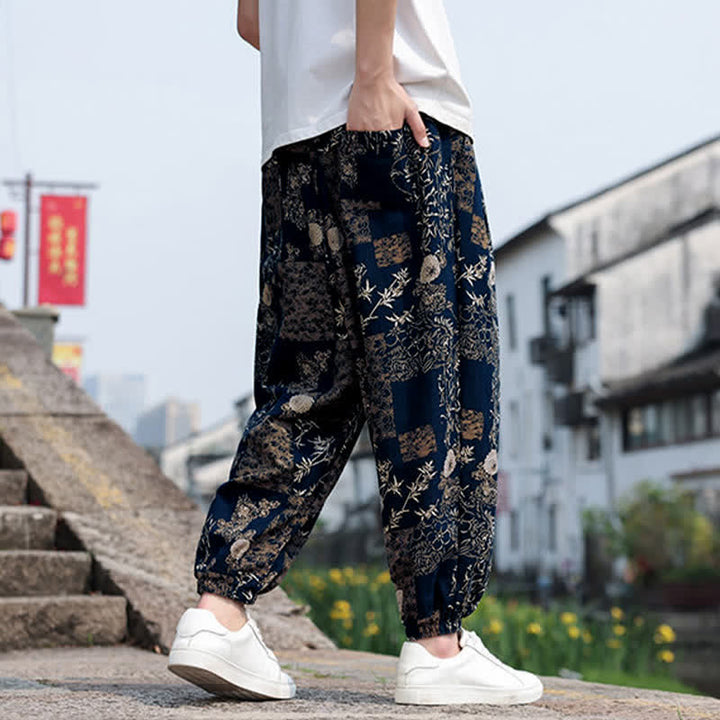 Buddha Stones Summer Boho Casual Drawstring Elephant Tree Print Cropped Pants Men's Harem Pants With Pockets - image 31