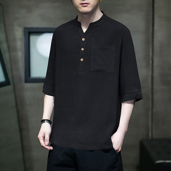 Buddha Stones Summer Casual Tang Style Mandarin Collar Solid Men's Short Sleeve Shirts With Patch Pocket - image 9