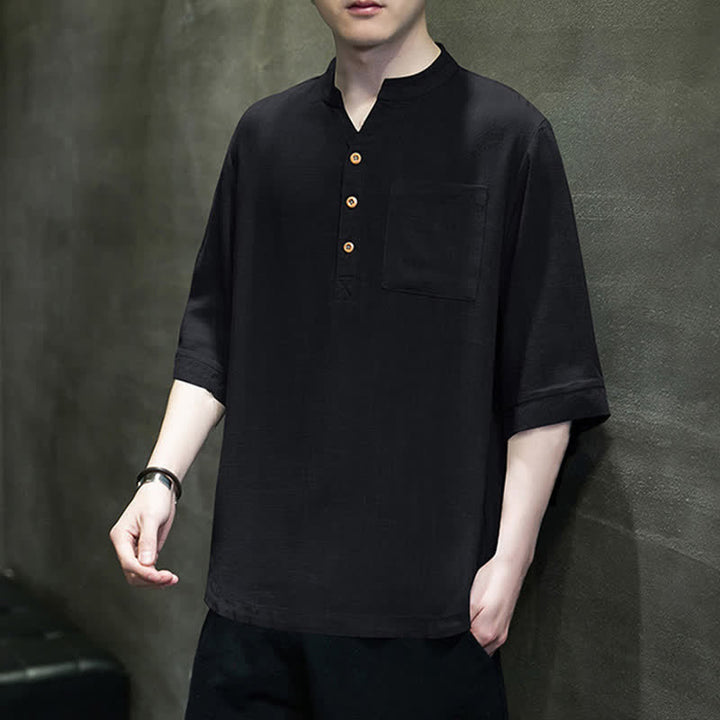 Buddha Stones Summer Casual Tang Style Mandarin Collar Solid Men's Short Sleeve Shirts With Patch Pocket - image 10
