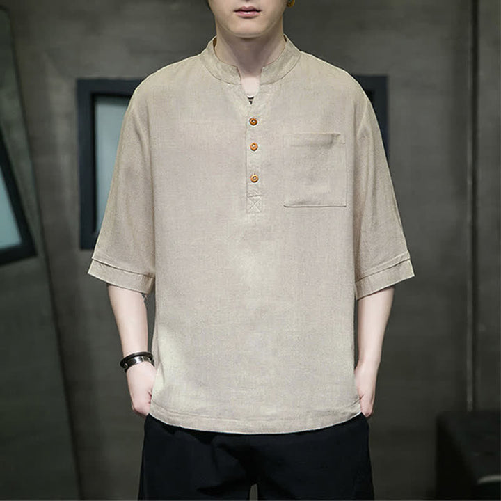 Buddha Stones Summer Casual Tang Style Mandarin Collar Solid Men's Short Sleeve Shirts With Patch Pocket - Burlywood - US/UK/AU46, EU56 (5XL) - image 12