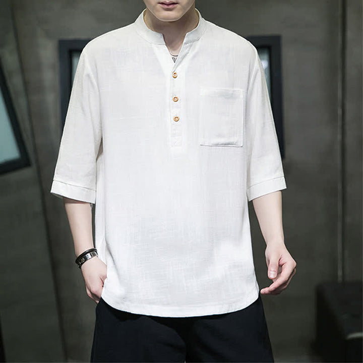 Buddha Stones Summer Casual Tang Style Mandarin Collar Solid Men's Short Sleeve Shirts With Patch Pocket - image 4