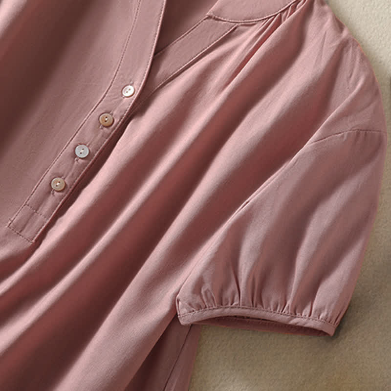 Buddha Stones Summer Casual Minimalist Button-Up Solid Women's Short Sleeve Shirts - image 4